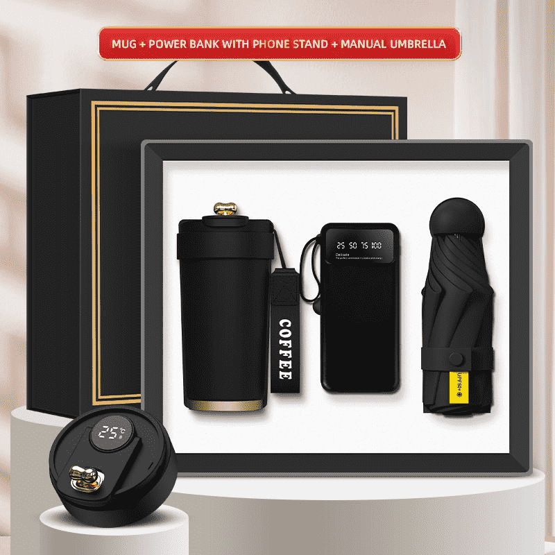 Logotipo pertsonalizatua 3-en-1 Opari Kutxa Muga Power Bank Mini Aterki